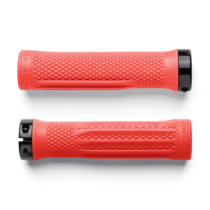 Two red bicycle grips with black ends on a white background