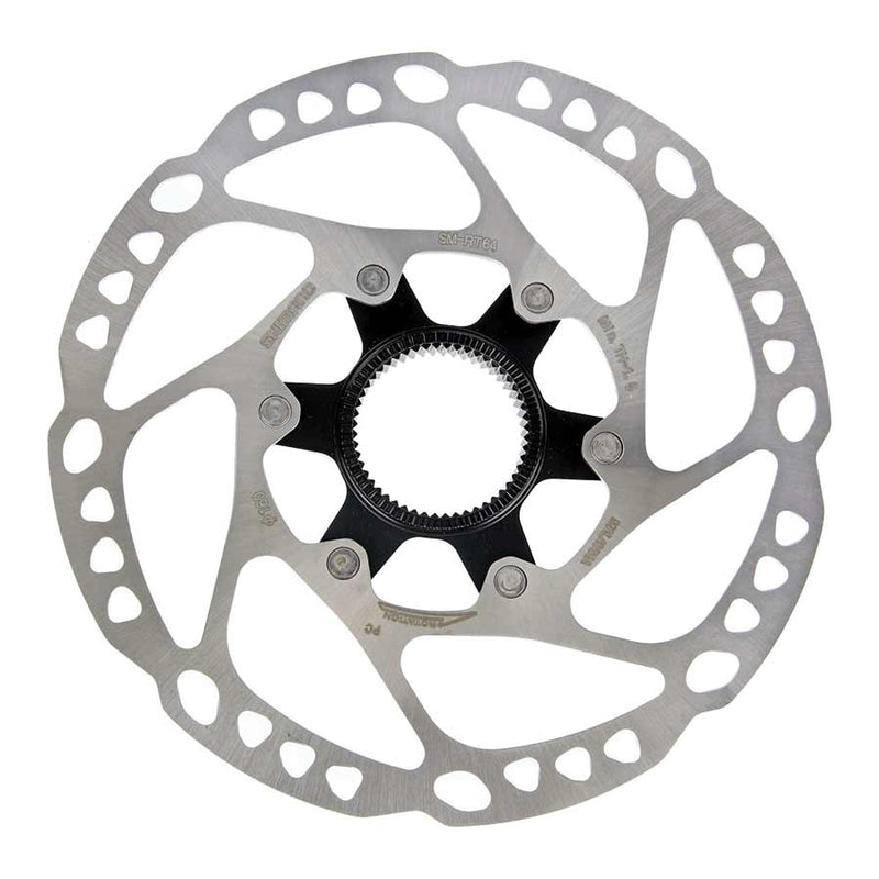 Bicycle disc brake rotor with a black center on a white background
