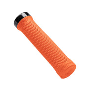 Orange bicycle handlebar grip with black end on a white background