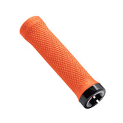 Orange bicycle handlebar grip with black end on a white background