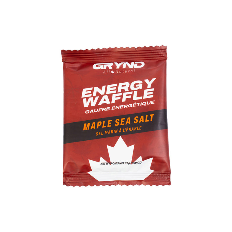 Grynd Energy Waffle package with red and white design on a white background - Maple Sea Salt flavoured.