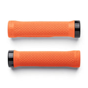 Two orange bicycle grips with black ends on a white background