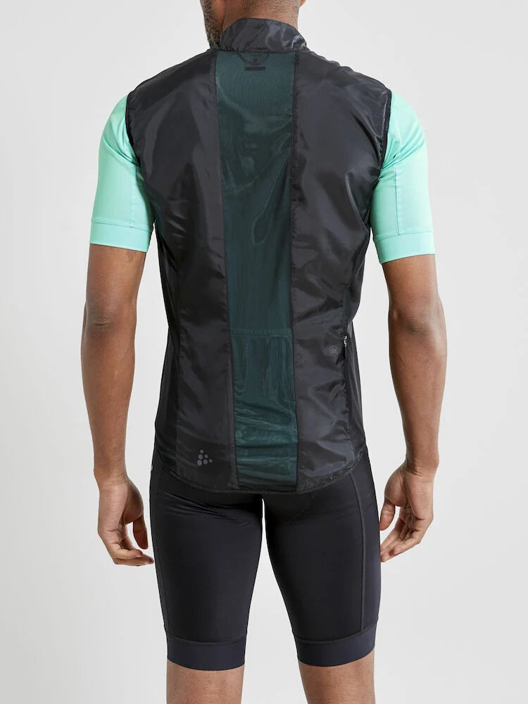 Craft Essence Light wind vest in black worn, back view with Craft logo at lower left and clear center panel