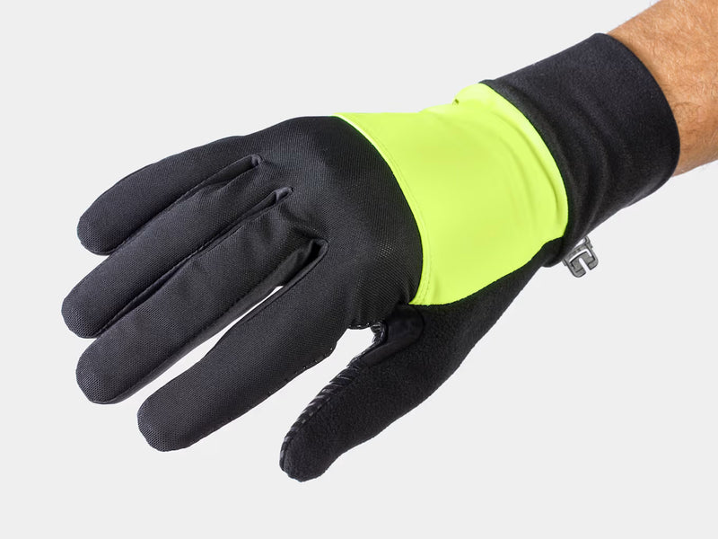 Bontrager Circuit Windshell cycling glove, black with high-visibility yellow backhand panel and part of the wrist visible on a white background
