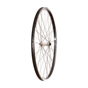 Bicycle wheel with black rim and silver spokes on a white background