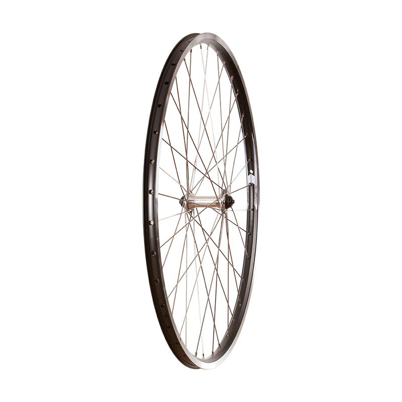 Bicycle wheel with black rim and silver spokes on a white background