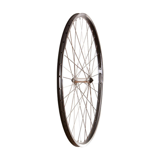 Bicycle wheel with black rim and silver spokes on a white background