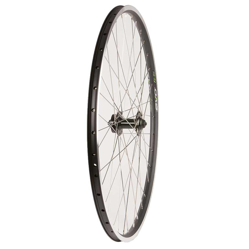 Bicycle wheel with black rim and white wall on a white background