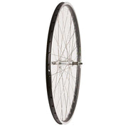Bicycle wheel with black rim and silver spokes on a white background