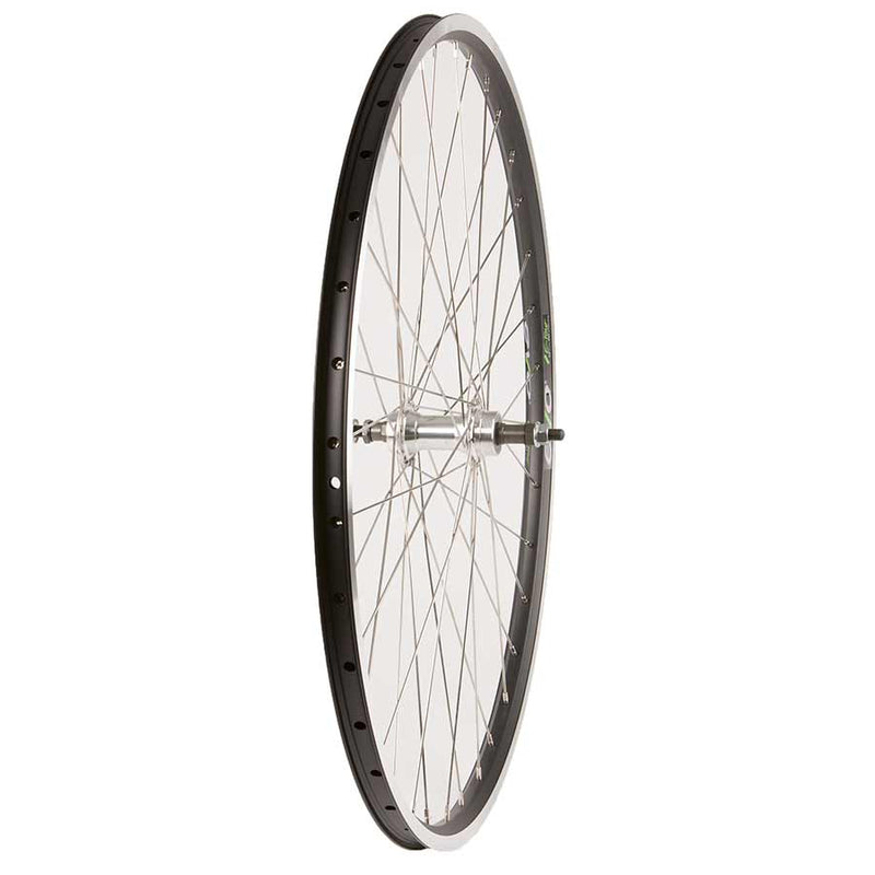 Bicycle wheel with black rim and silver spokes on a white background