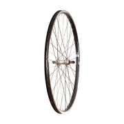 Bicycle wheel with black rim and silver spokes on a white background
