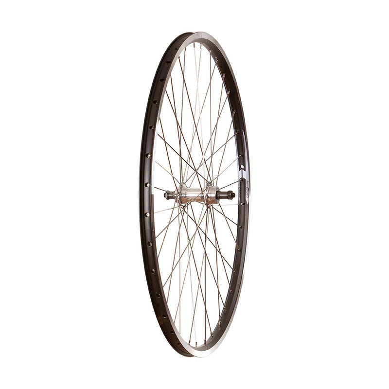 Bicycle wheel with black rim and silver spokes on a white background