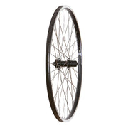 Bicycle wheel with black rim and silver hub on a white background