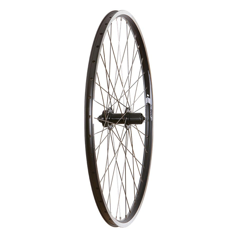 Bicycle wheel with black rim and silver hub on a white background