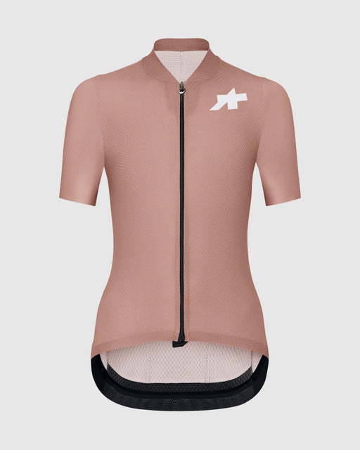 Pink cycling jersey with a logo on a light gray background