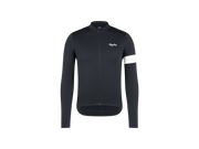 Rapha Core Thermal Long Sleeve Cycling Jersey, men’s, black with white logo, front view product shot / Maillot de cyclisme Rapha Core Thermal à manches longues pour homme, noir avec logo blanc, vue avant en photo produit