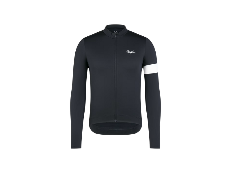 Rapha Core Thermal Long Sleeve Cycling Jersey, men’s, black with white logo, front view product shot / Maillot de cyclisme Rapha Core Thermal à manches longues pour homme, noir avec logo blanc, vue avant en photo produit