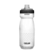 Clear water bottle with black cap and speckled pattern on a white background