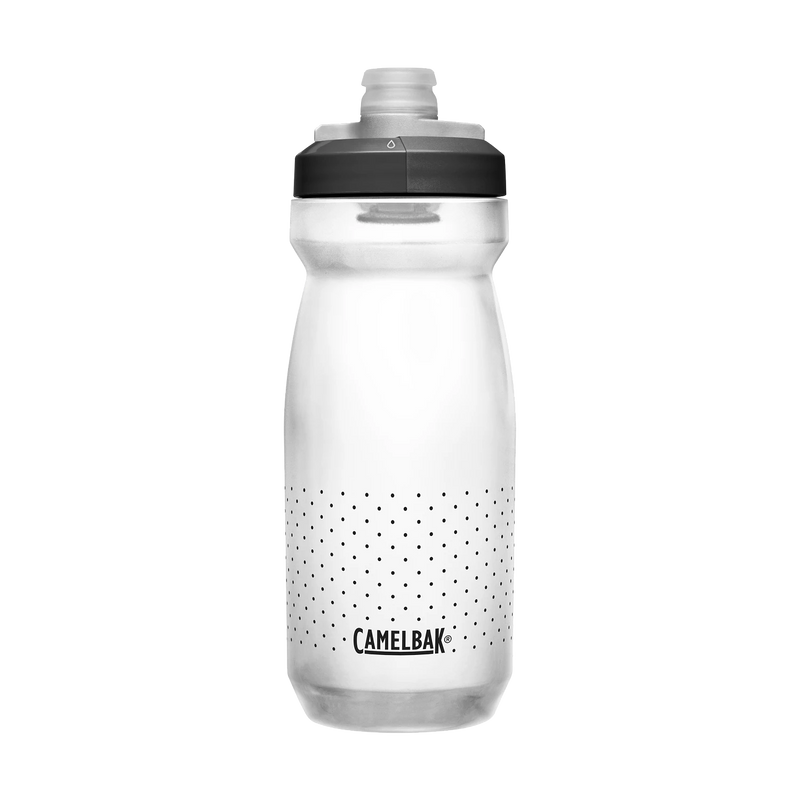 Clear water bottle with black cap and speckled pattern on a white background