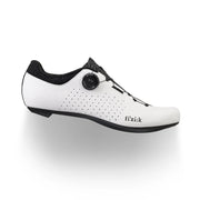 White cycling shoe with black accents on a white background