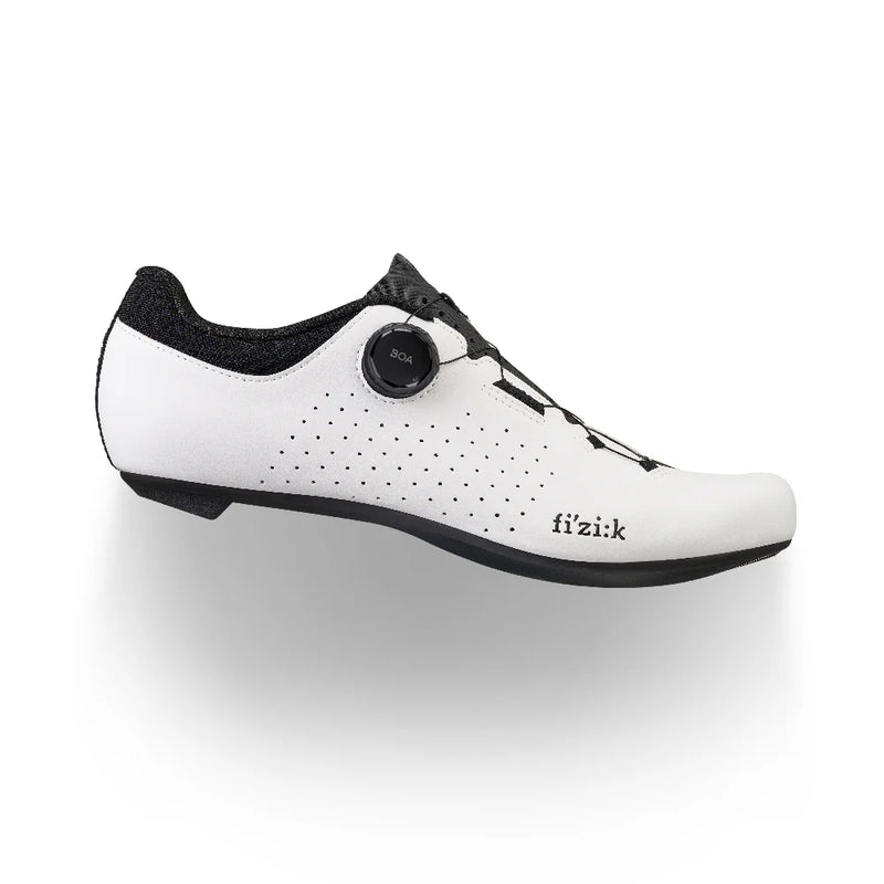 White cycling shoe with black accents on a white background