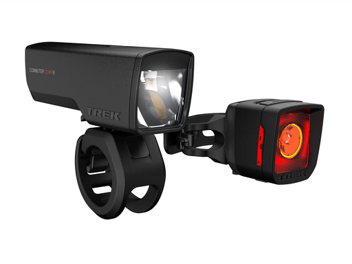 Trek bike light system with front and rear lights on a white background