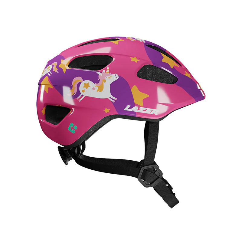 Pink helmet with unicorn and star pattern on a white background