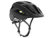 Black bicycle helmet with 'Trek' branding on a white background