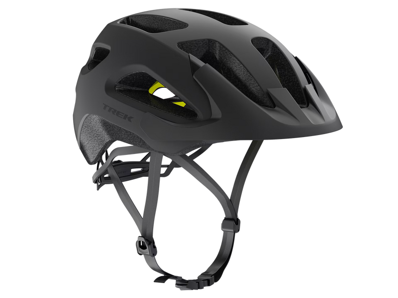 Black bicycle helmet with 'Trek' branding on a white background