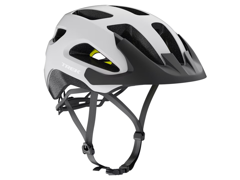 White and black helmet with visible branding on a transparent background