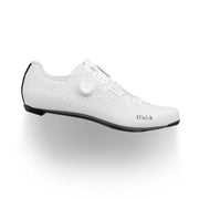 White cycling shoe with black sole on a white background