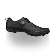 Black cycling shoe with 'fizik' branding on a white background