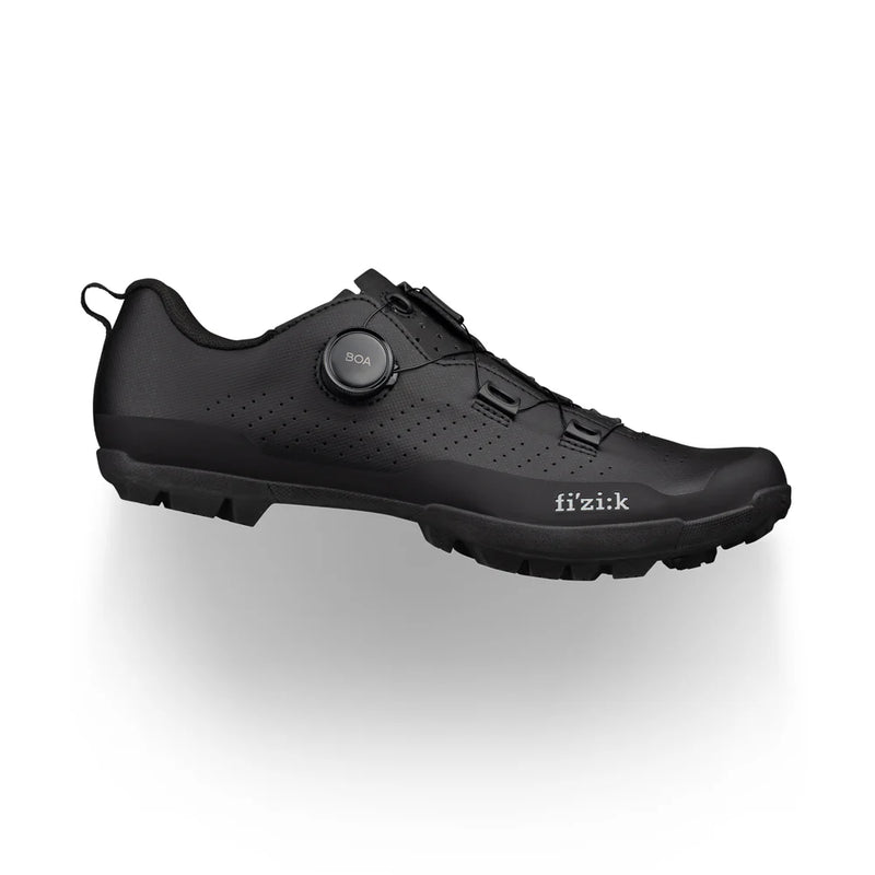 Black cycling shoe with 'fizik' branding on a white background