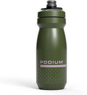 Green water bottle with 'Podium' branding on a white background