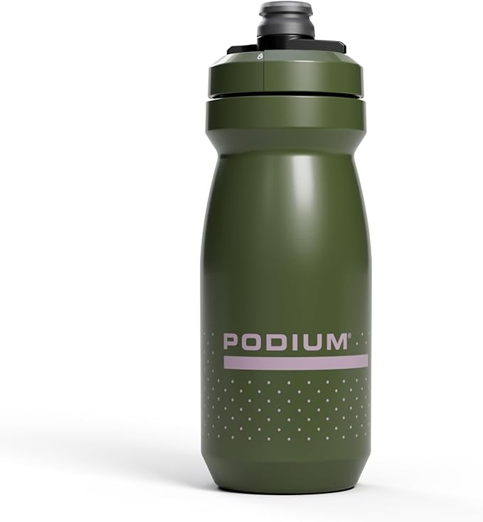 Green water bottle with 'Podium' branding on a white background