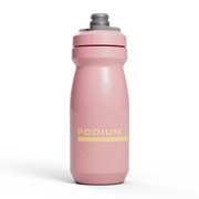 Pink water bottle with 'PODIUM' branding on a white background