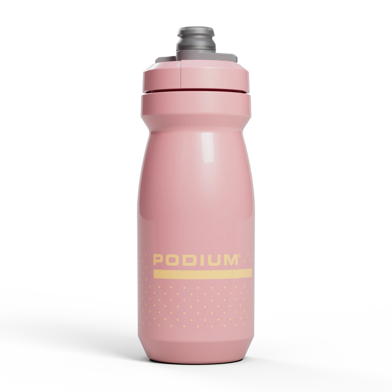 Pink water bottle with 'PODIUM' branding on a white background