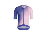 A short-sleeve cycling jersey with a smooth gradient design transitioning from deep purple on the left to light pink on the right, featuring a front zipper and a gray inner lining.