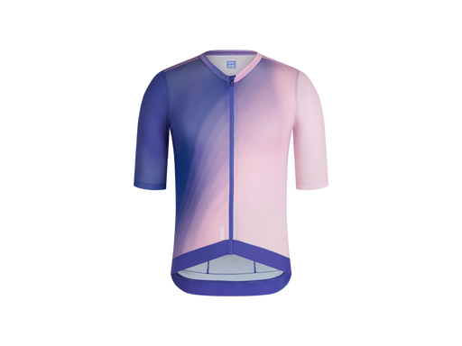 A short-sleeve cycling jersey with a smooth gradient design transitioning from deep purple on the left to light pink on the right, featuring a front zipper and a gray inner lining.