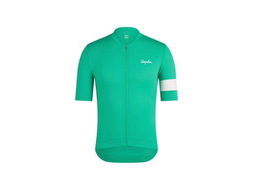 Rapha Core Men’s Lightweight Cycling Jersey, green with white accents, front view product shot / Maillot de cyclisme Rapha Core Lightweight pour homme, vert avec accents blancs, vue avant en photo produit