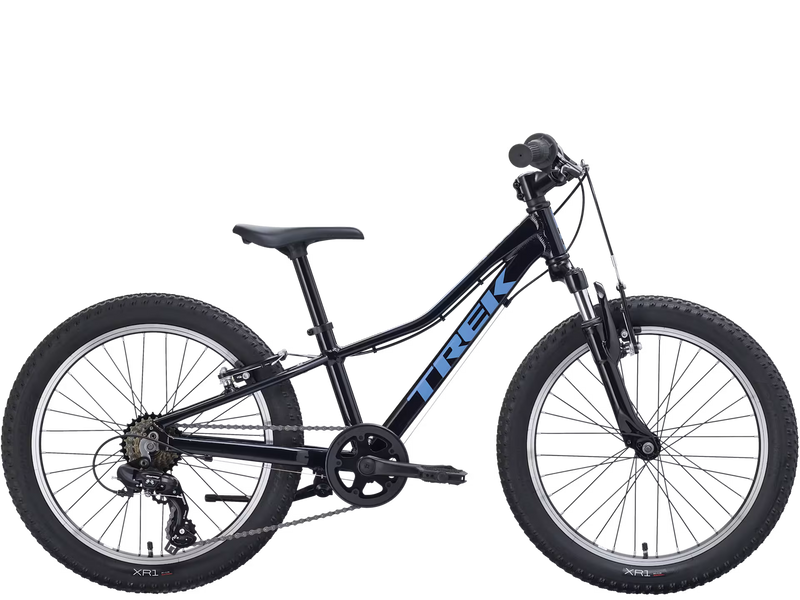 Blue children's bicycle with 'Trek' branding on a white background
