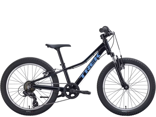 Blue children's bicycle with 'Trek' branding on a white background
