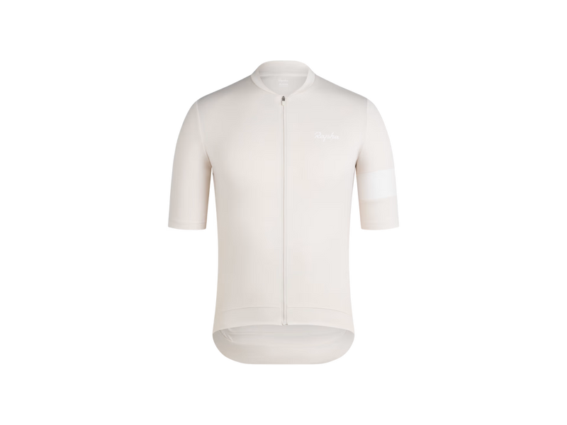 Rapha Core Men’s Cycling Jersey, White, front view product shot / Maillot de cyclisme Rapha Core pour homme, vue avant en photo produit