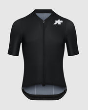 Black cycling jersey with a logo on a light gray background