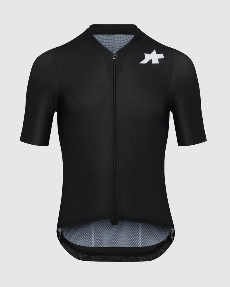 Black cycling jersey with a logo on a light gray background