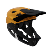 Yellow Leatt MTB Enduro 2.0 Junior helmet with chin bar, 3/4 side view facing right on a transparent background