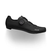 Black cycling shoe with 'fizik' branding on a white background