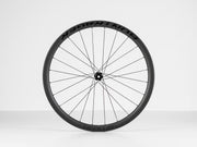 Black bicycle wheel with BONTRAGER AEOLUS' branding on a white background