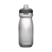 Silver water bottle with black cap on a white background