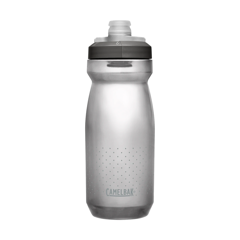 Silver water bottle with black cap on a white background